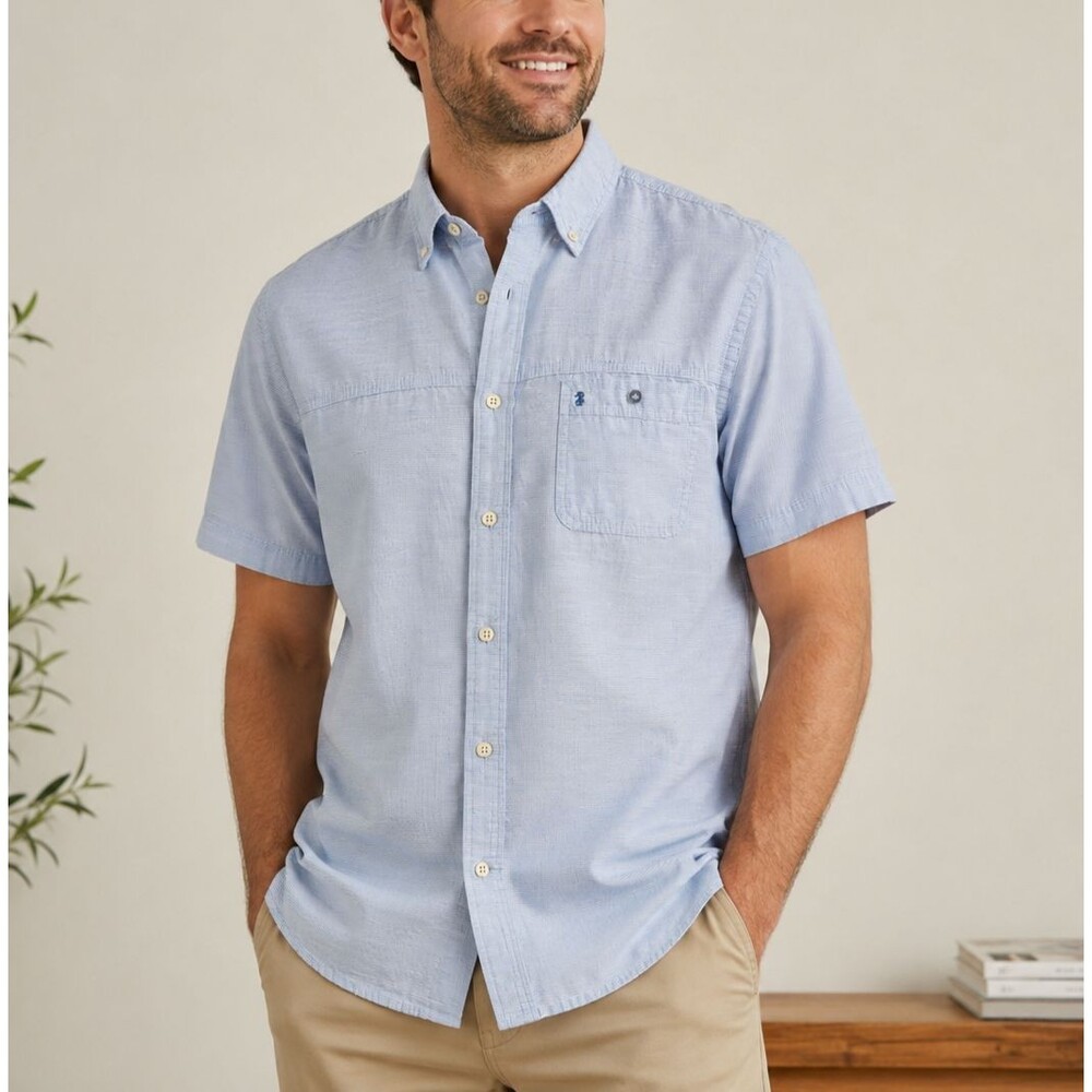 IZOD Saltwater Men's Blue Micro Stripe Short Sleeve Button-Up Cotton Shirt M